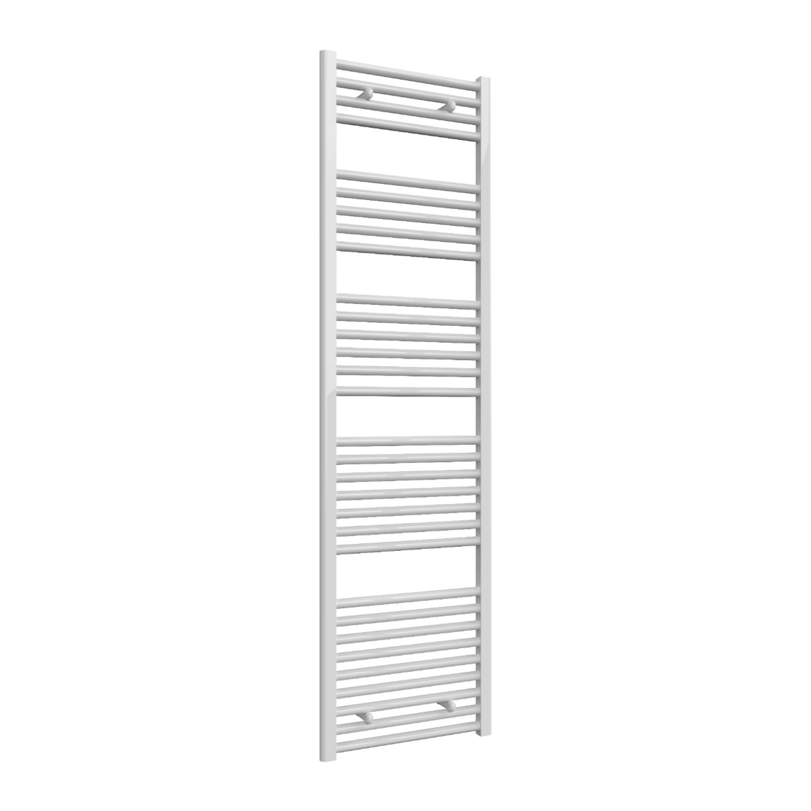 A tall, narrow white heated towel rail with horizontal bars, shown against a plain white background.