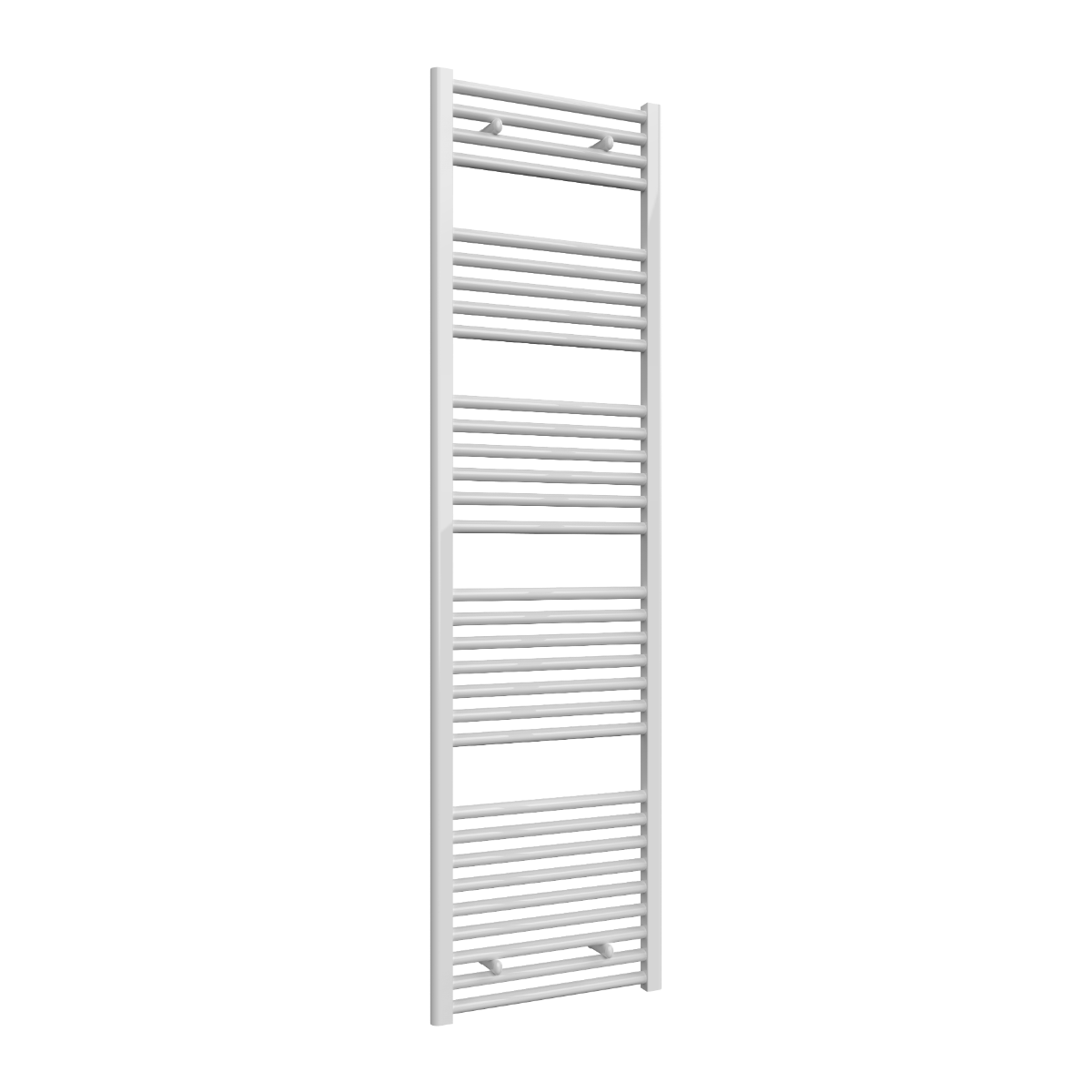 A tall, narrow white heated towel rail with horizontal bars, shown against a plain white background.