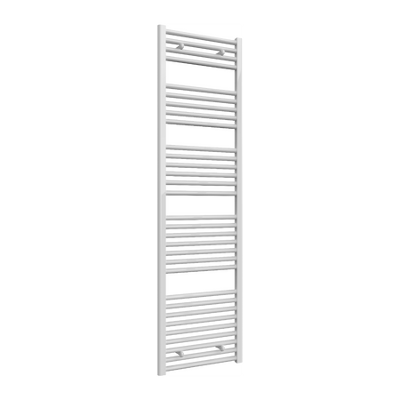 A tall, narrow white heated towel rail with horizontal bars, shown against a plain white background.