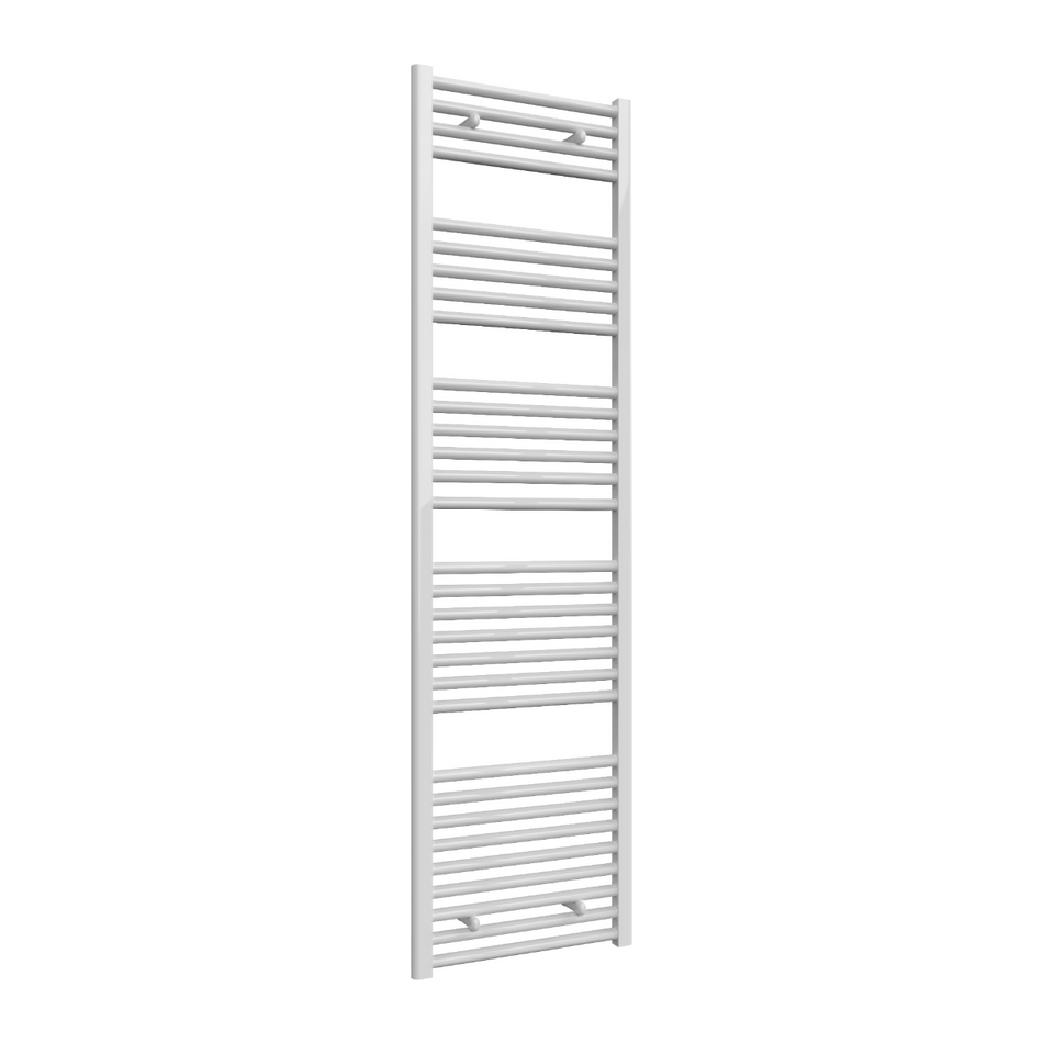 A tall, narrow white heated towel rail with horizontal bars, shown against a plain white background.