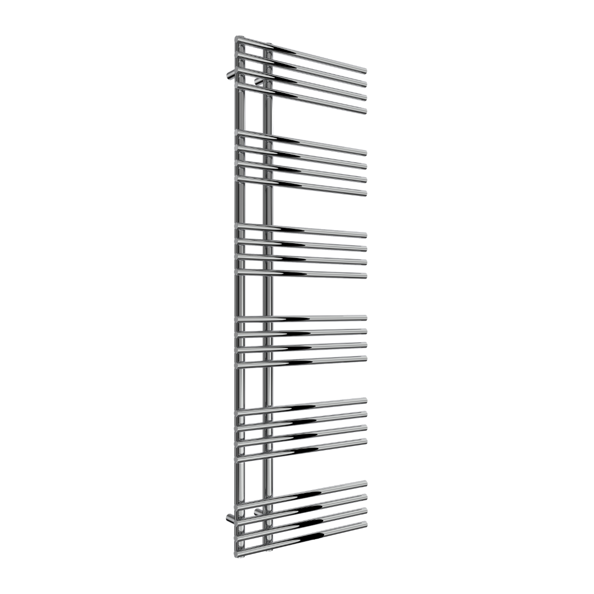 A modern chrome-finished heated towel rail with multiple horizontal bars, shown on a plain white background.