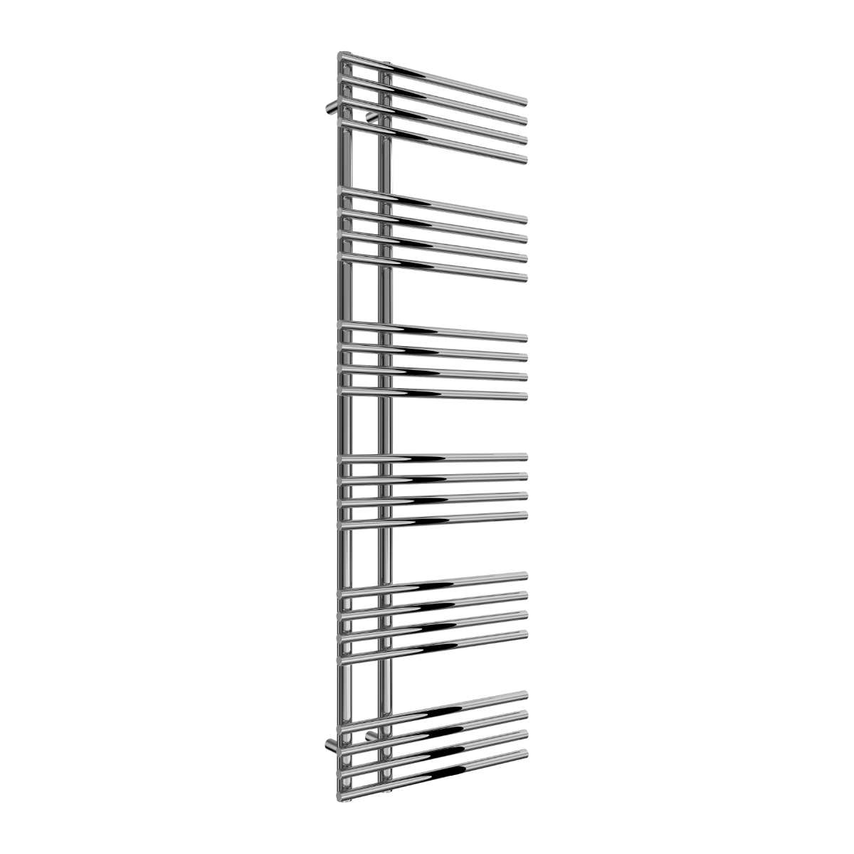 A modern chrome-finished heated towel rail with multiple horizontal bars, shown on a plain white background.