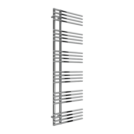 A modern chrome-finished heated towel rail with multiple horizontal bars, shown on a plain white background.