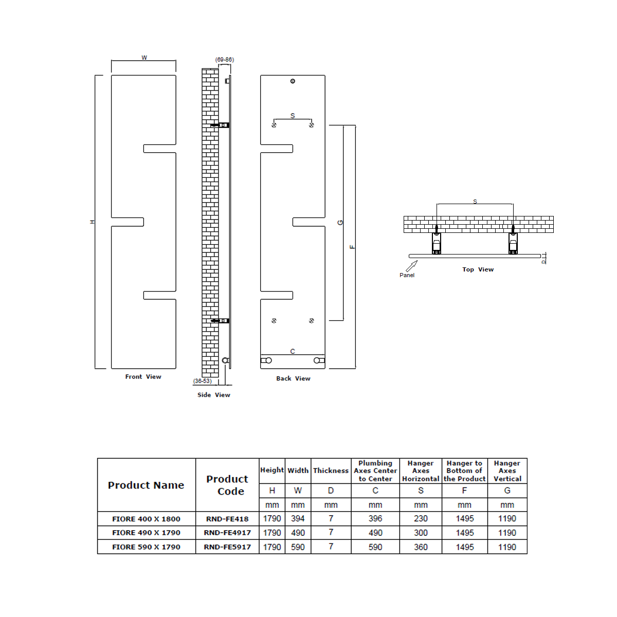 Technical drawing and specifications for Reina Fiore RND-FE418W Anthracite white Radiator 400mm x 1790mm.