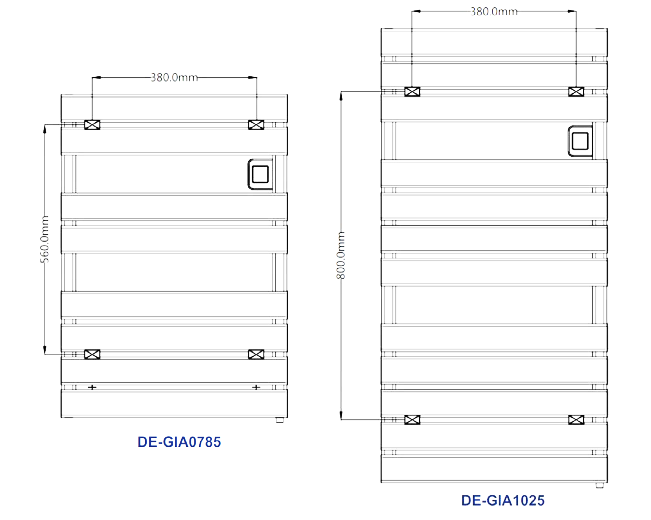 Technical drawing of Reina Gia towel radiators DE-GIA0785 and DE-GIA1025 with dimensions.