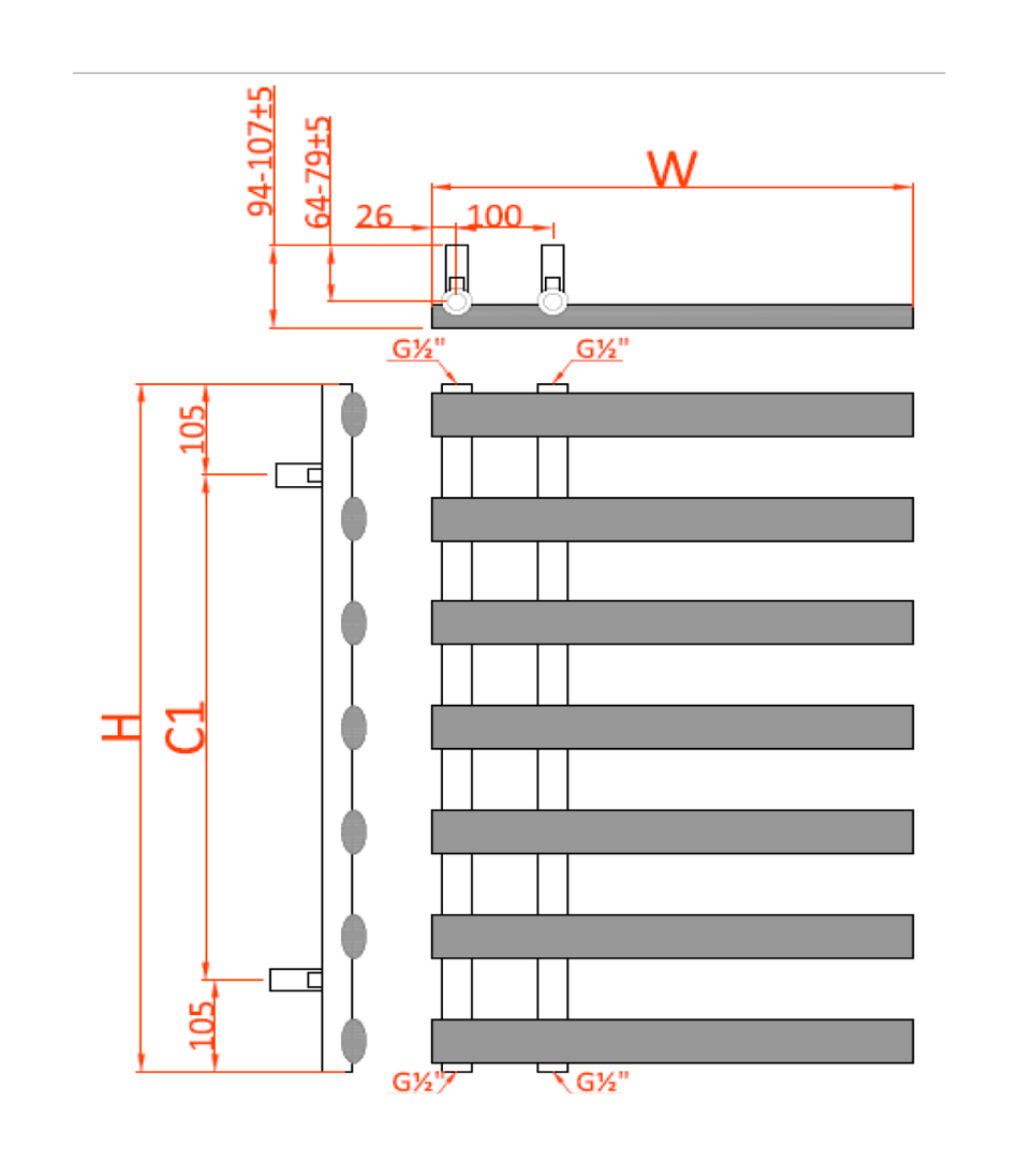Reina Grace RND-GRC114W White Towel Rail 500mm x 1140mm