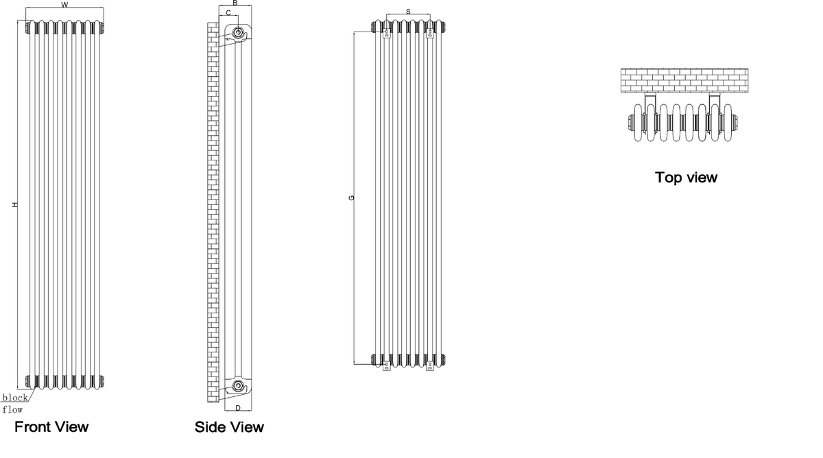 Reina Hedingham RND-HDM18046B Black Vertical Steel Radiator front side and top views diagram