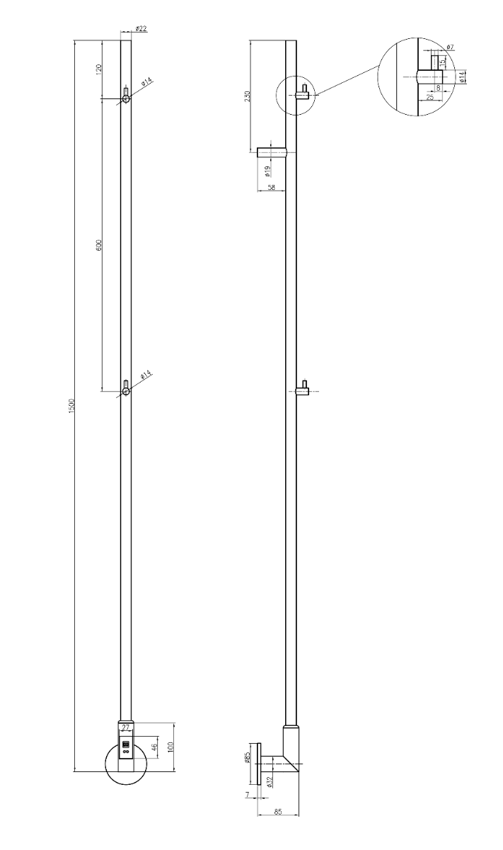 Reina Ines DE-INS1502S Brushed Brass Towel Heater 22mm x 1500mm technical drawing and dimensions