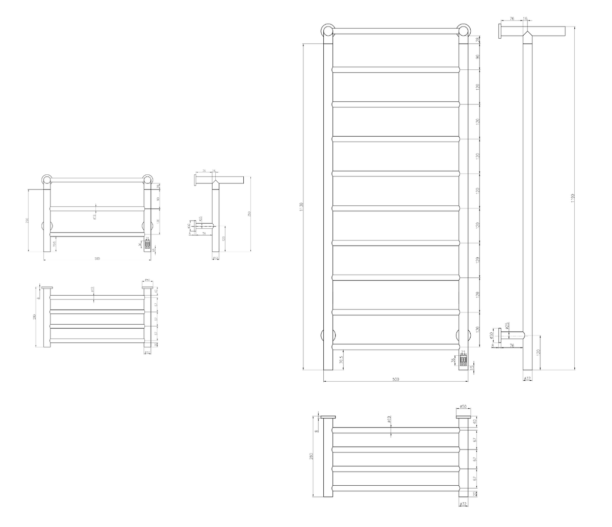 Technical drawing of Reina Maira DE-MAR0355C Dry Electric Chrome Towel Rail dimensions and design specifications.