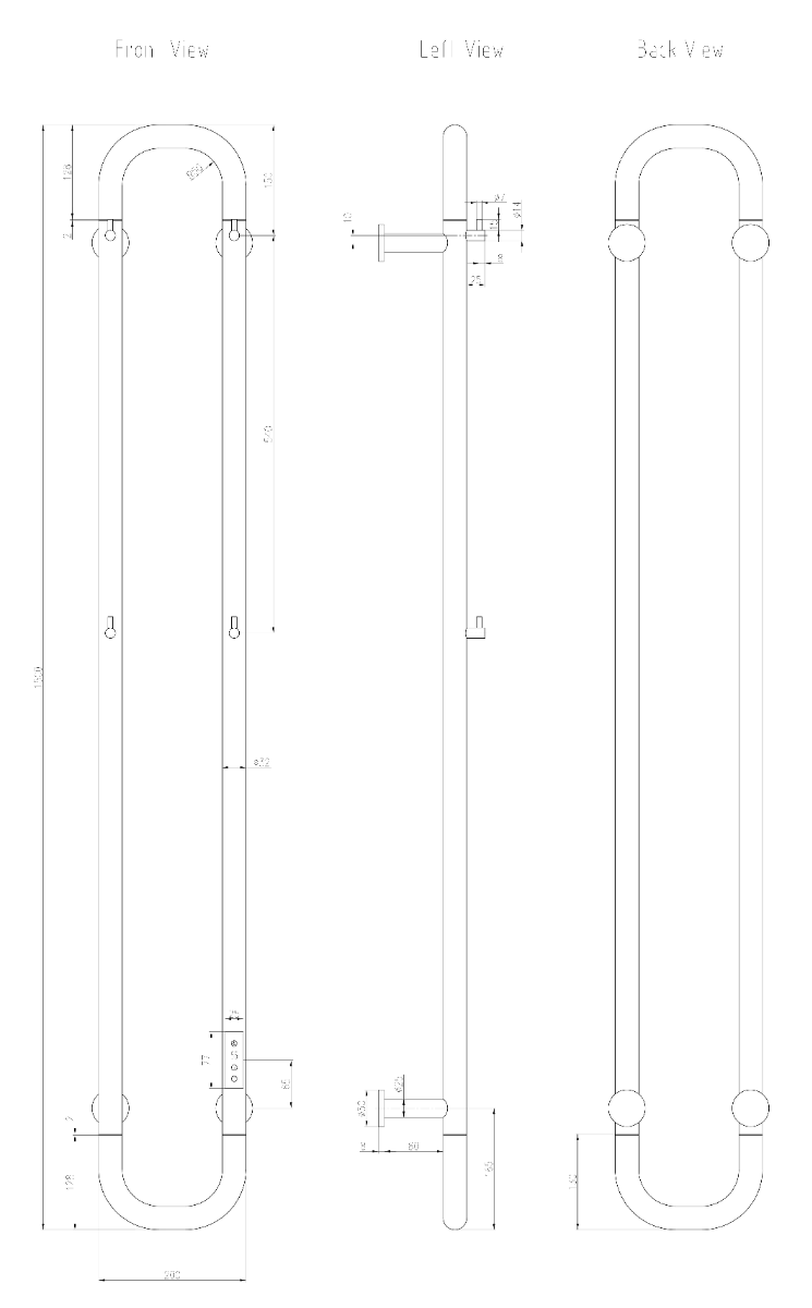Dimensions illustration of Reina Pelmo EPLOC Polished Electric Towel Rail, showing front, left, and back views.