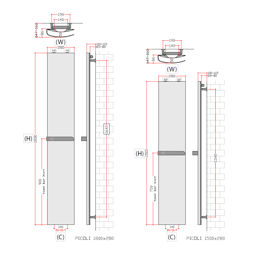 Dimensions and specifications of Reina Picoli vertical radiator 280mm x 1500mm and 1800mm x 280mm vertical radiator.