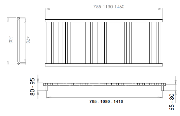 Dimensions and specifications diagram of Reina Vasto RND-VST075C Chrome Towel Rail 500mm x 755mm.