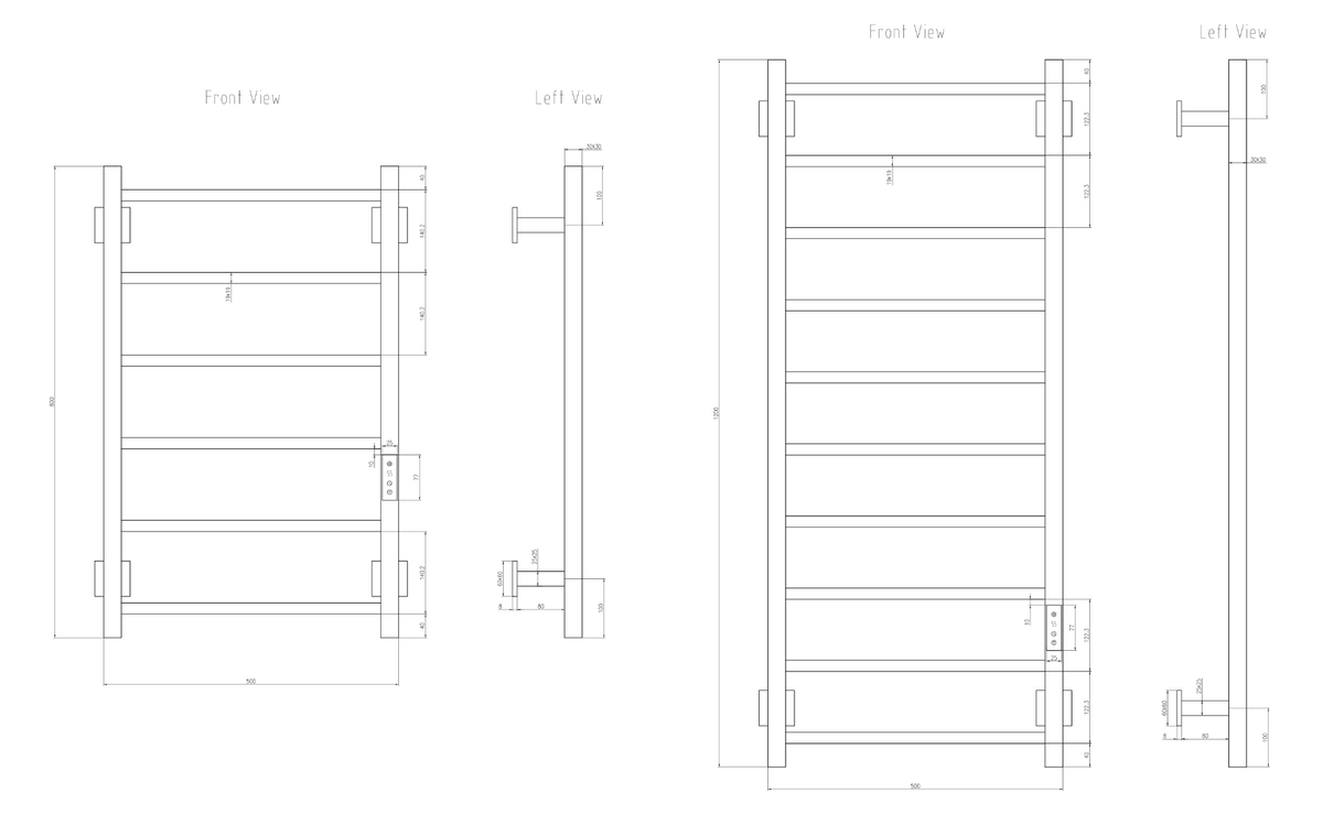 Technical drawing of Reina Velino Electric Radiator, showcasing front and left views with dimensions.
