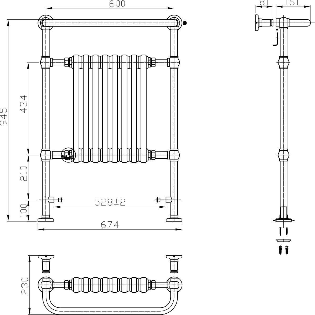 Technical drawing of Reina Victoria RND-VIC01 Steel Towel Radiator dimensions and design features.