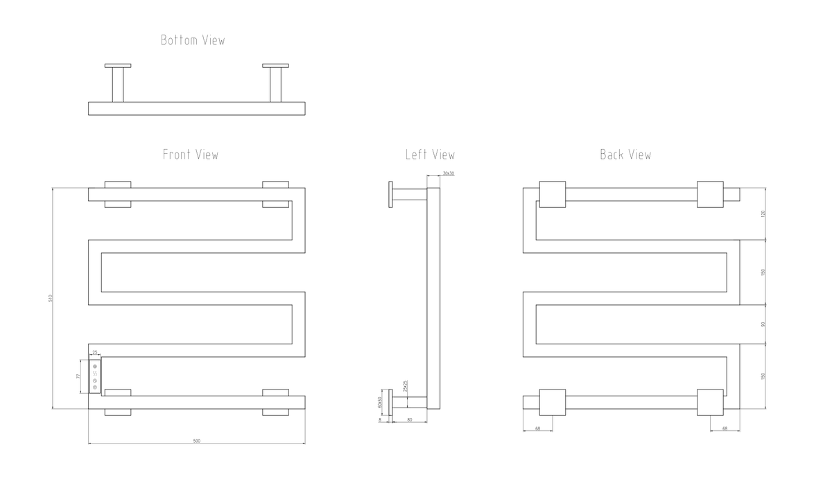 Reina Vispa EVSPB Electric Towel Rail design schematic including front, left, back, and bolt-on views.