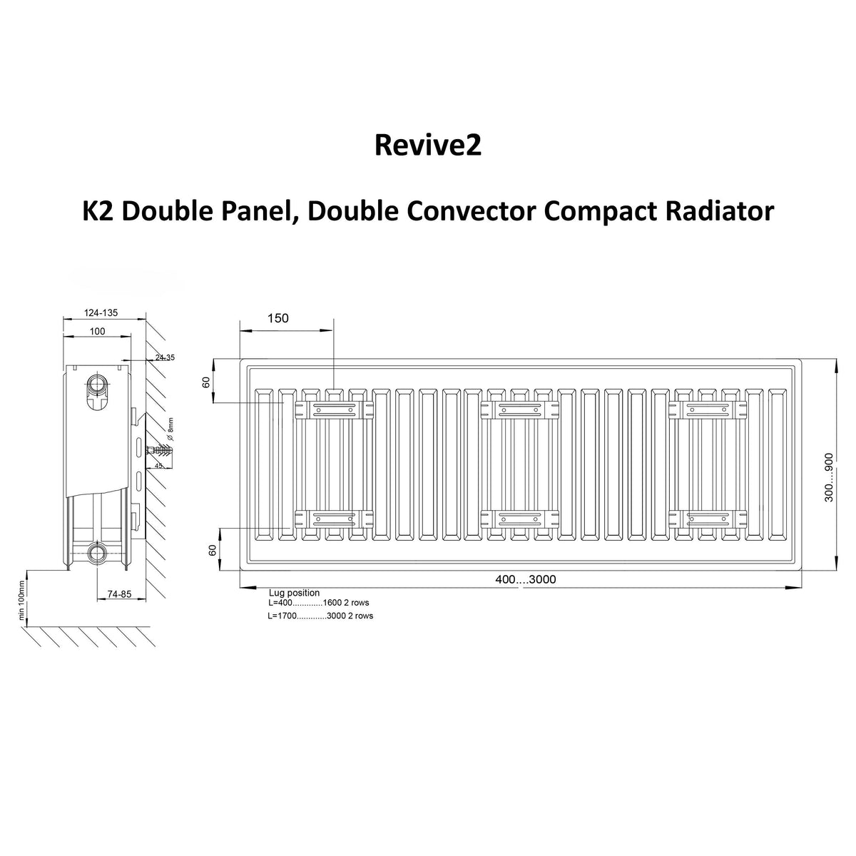Technical drawing of a Revive2 K2 Double Panel, Double Convector Compact Radiator with dimensions.