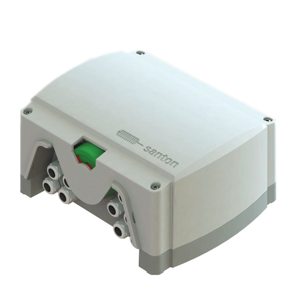 White electronic device with green indicator light on a white background