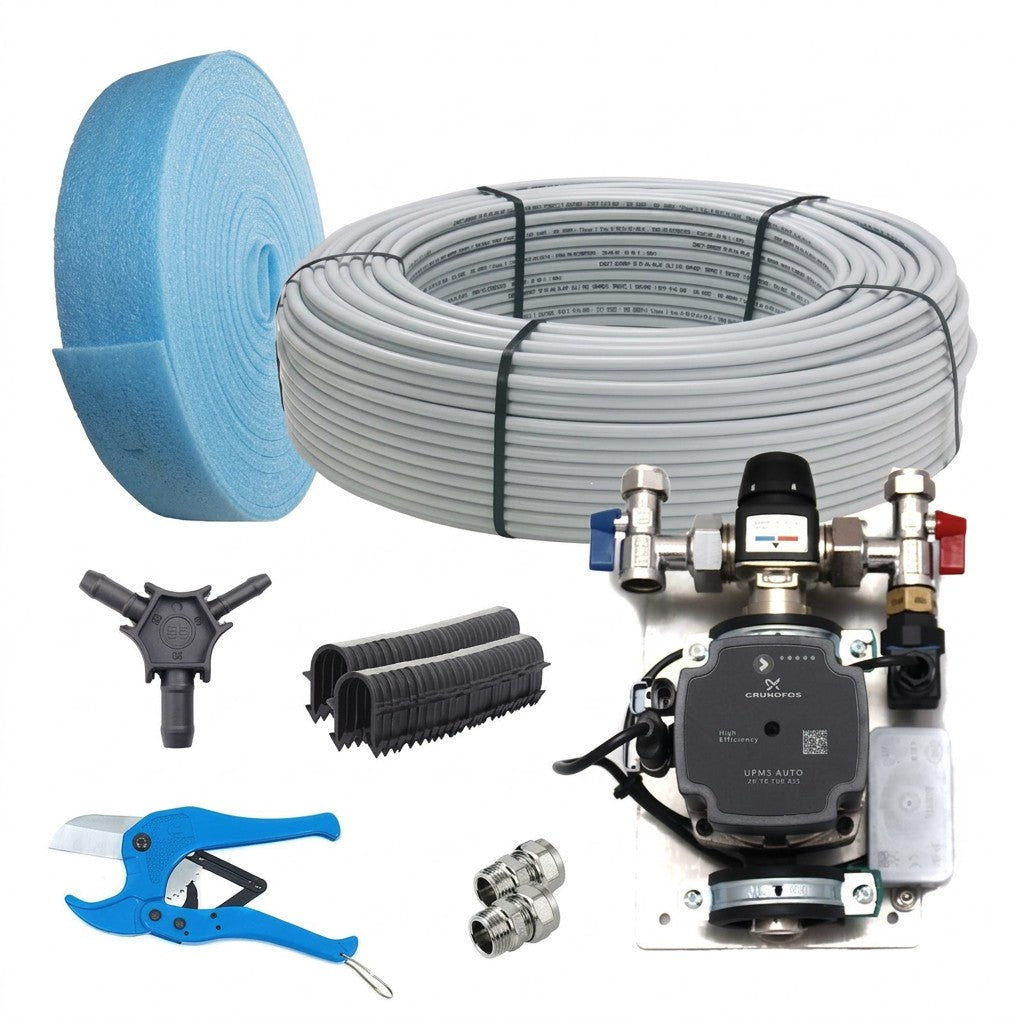 A single room UFH kit on a white background, including a roll of blue foam insulation, a roll of white piping, a pressure gauge, metal connectors, black corrugated pipe sections, a black tee fitting, and a blue pipe cutter.