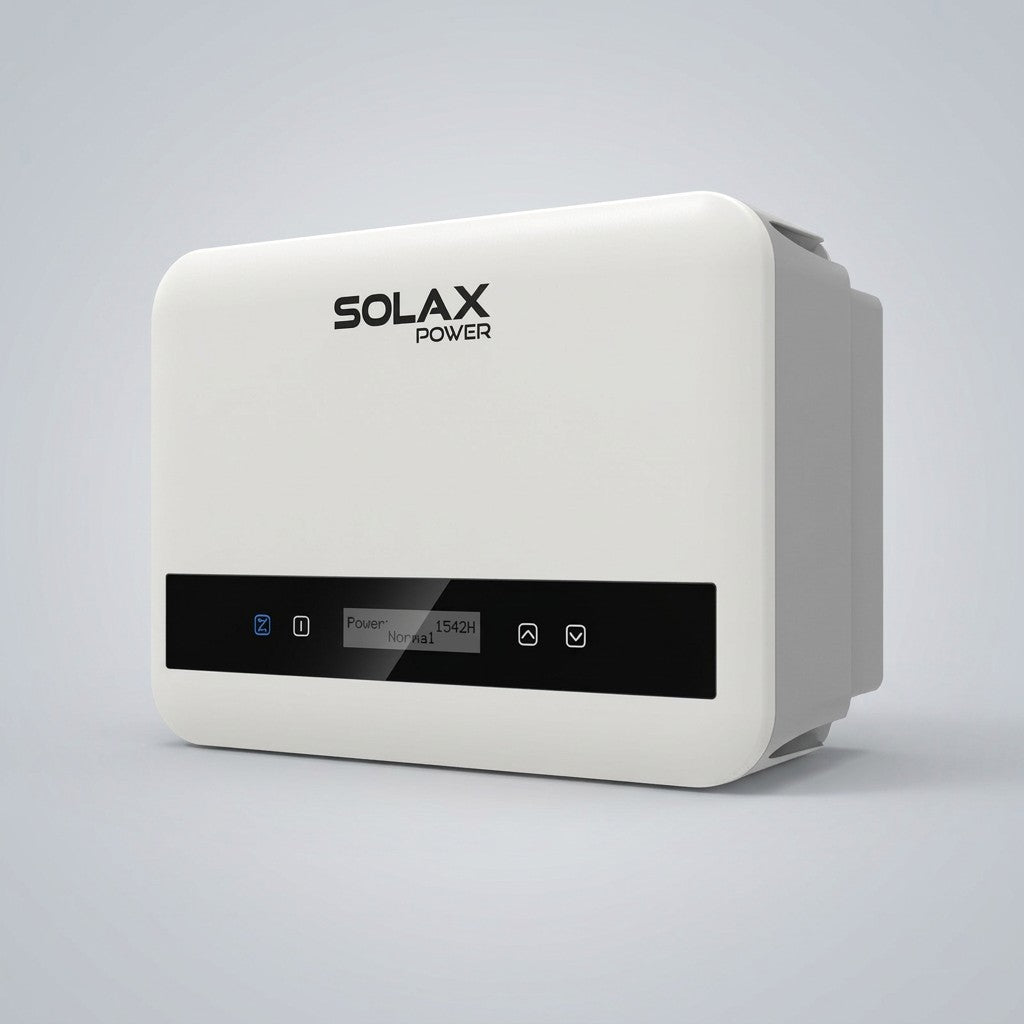 A white SOLAX POWER solar inverter unit with a black control panel, shown on a light gray studio background.
