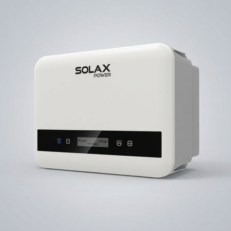 A white SOLAX POWER solar inverter unit with a black control panel, shown on a light gray studio background.