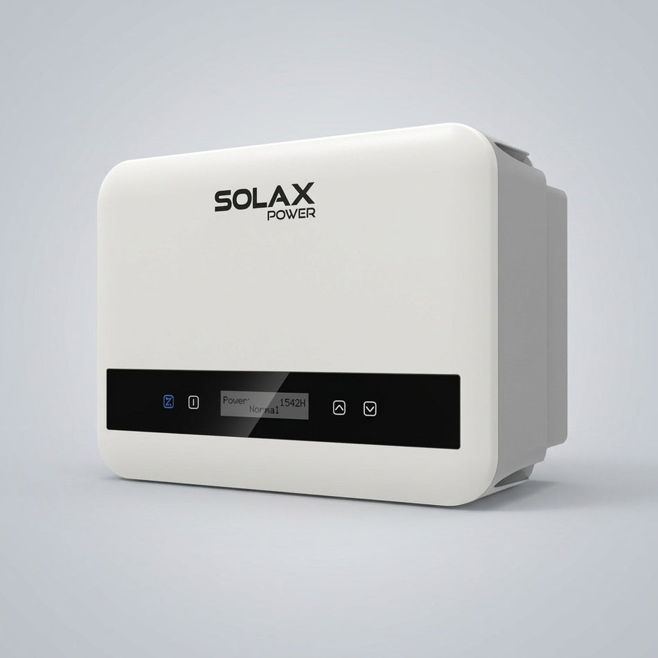 A white SOLAX POWER solar inverter unit with a black control panel, shown on a light gray studio background.