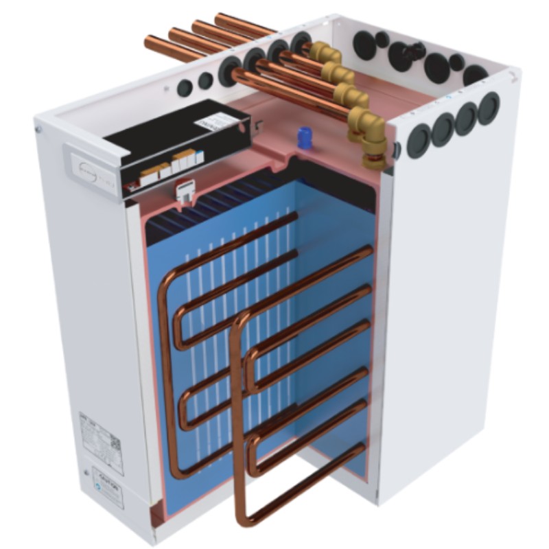 Cutaway view of Sunamp Thermino ePlus Heat Battery, highlighting the direct water heating system.
