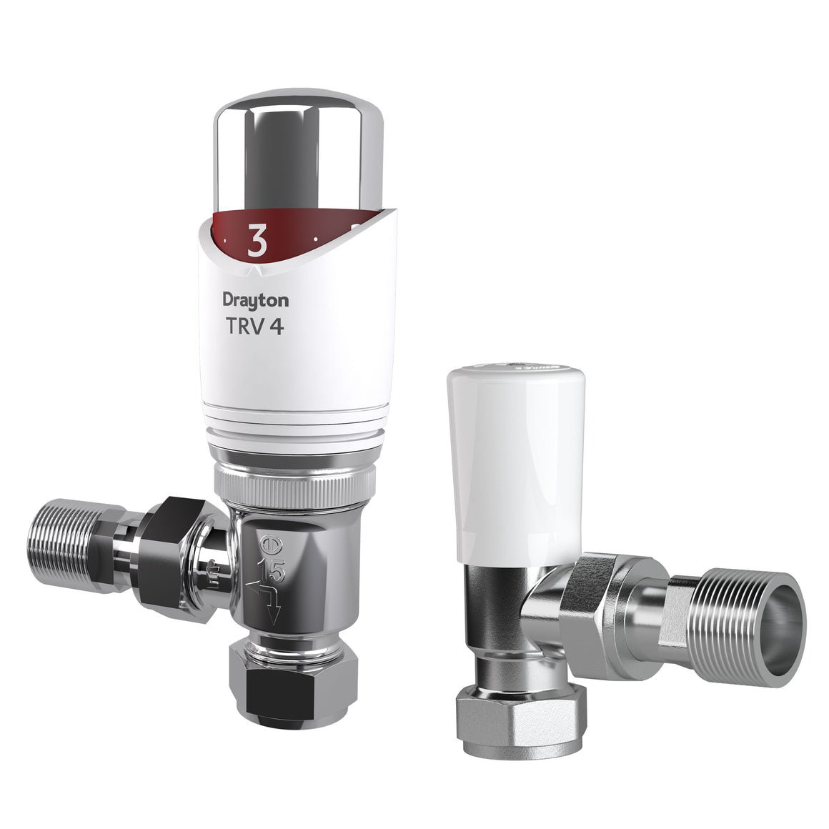 Drayton TRV 4 temperature and flow control valve on a white background