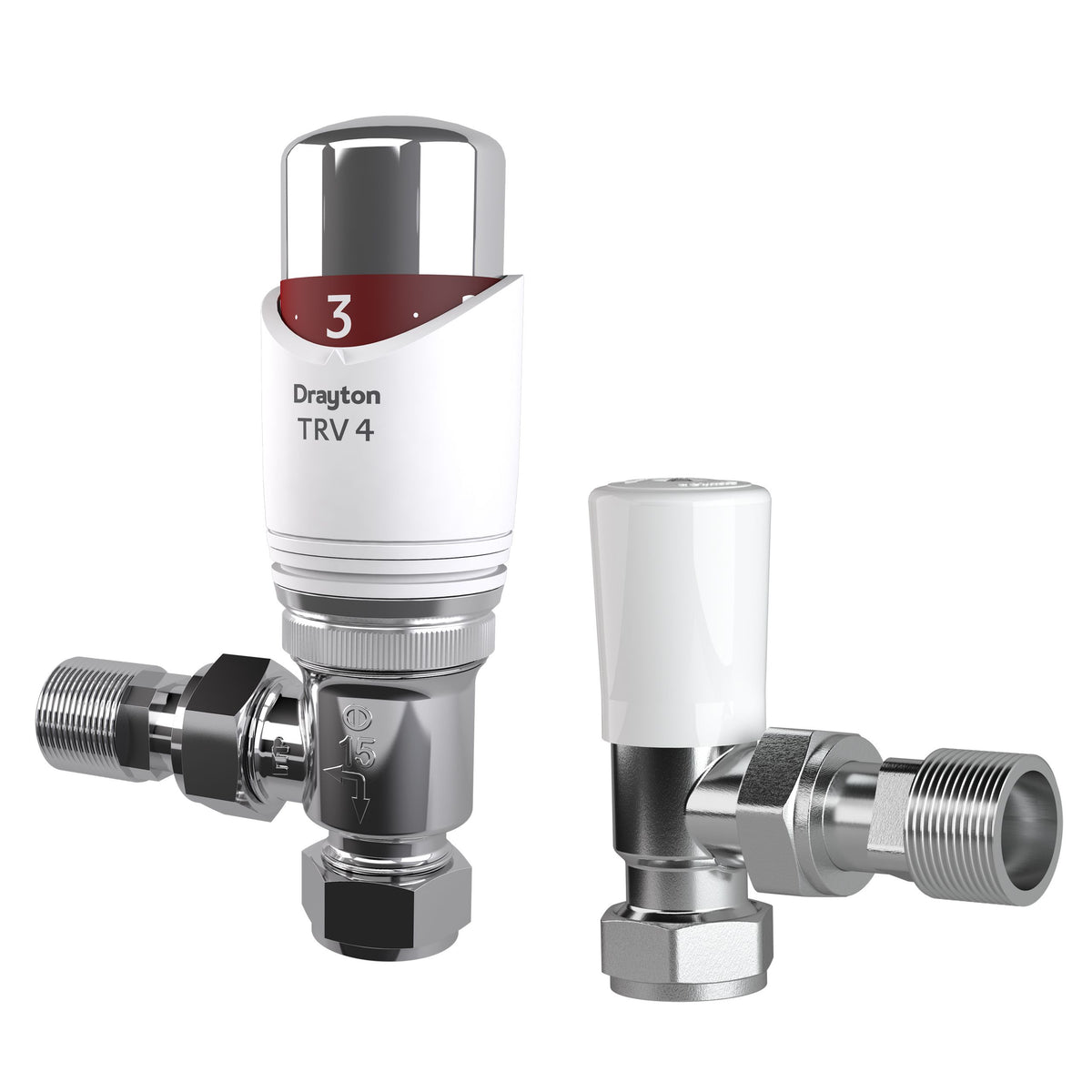 Drayton TRV 4 temperature and flow control valve on a white background