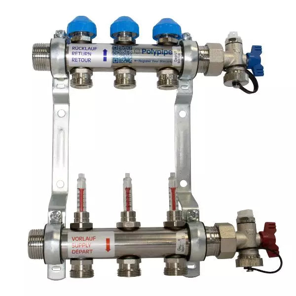 Polypipe Stainless Steel EuroCone UFH Manifold | 2–12 Ports | 15mm Underfloor Heating