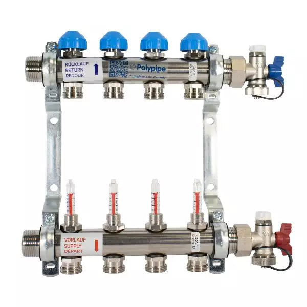 Polypipe Stainless Steel EuroCone UFH Manifold | 2–12 Ports | 15mm Underfloor Heating