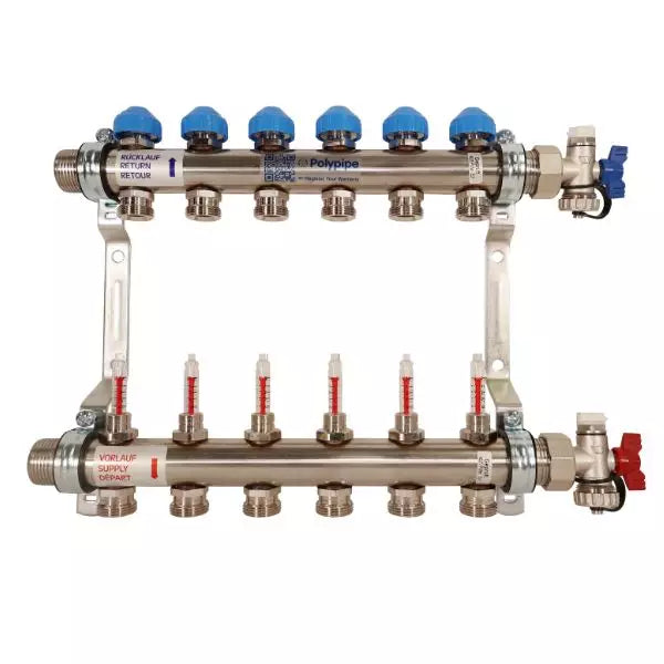 Polypipe Stainless Steel EuroCone UFH Manifold | 2–12 Ports | 15mm Underfloor Heating