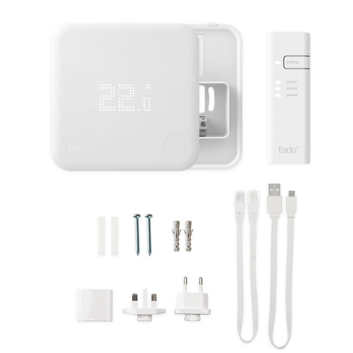 Tado smart home device kit with components on a white background