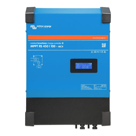 Blue Victron Energy charge controller on a white background