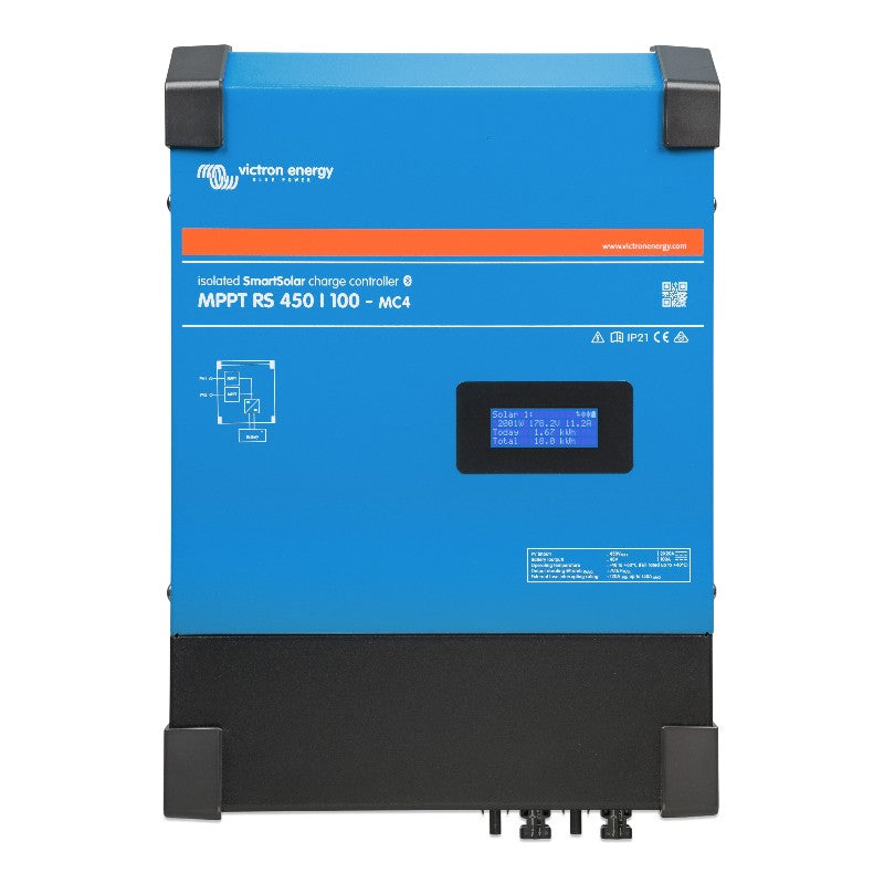 Blue Victron Energy charge controller on a white background